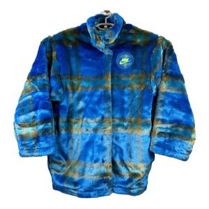 Nike Sportswear Faux Fur Jacket Court Blue Mean Green Womens Size XS DD4541-476